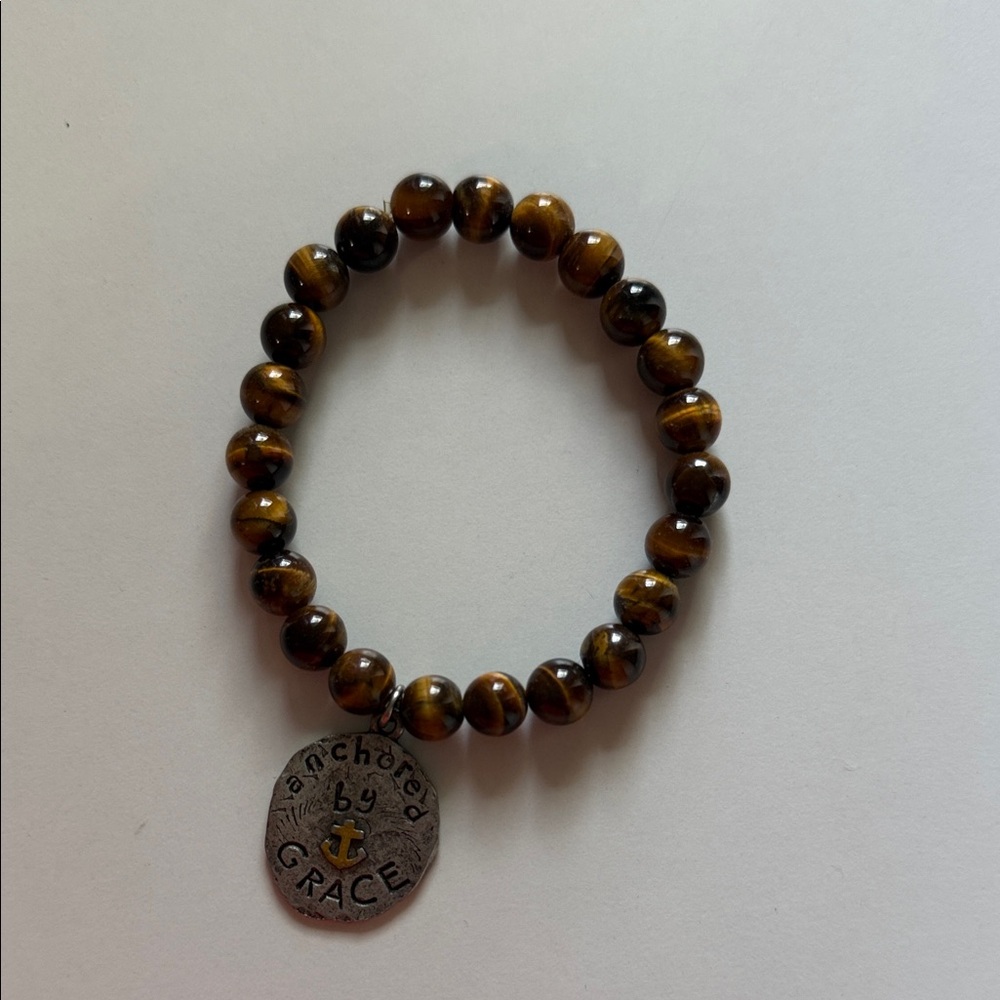 Brown Beaded Bracelet with 'Anchored by Grace' Charm